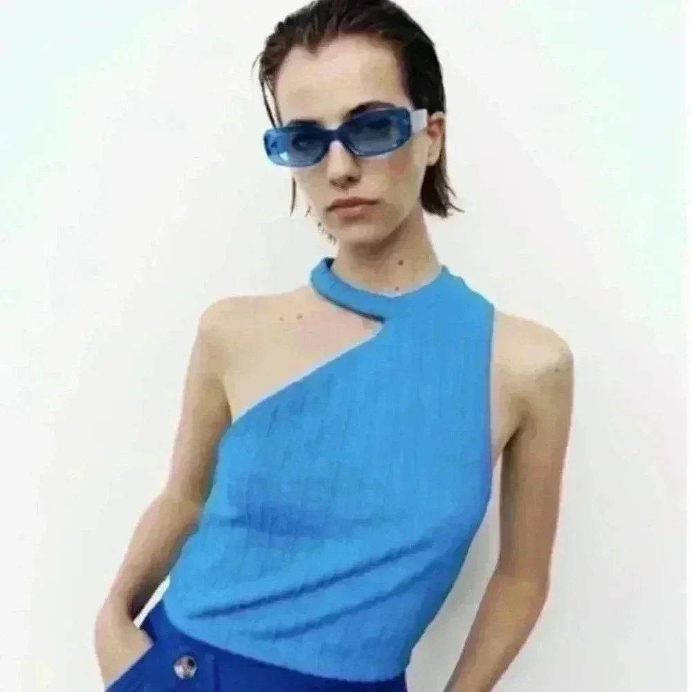 ZARA | Women's Blue Cable Knit Cut Out Sleeveless Tank Top